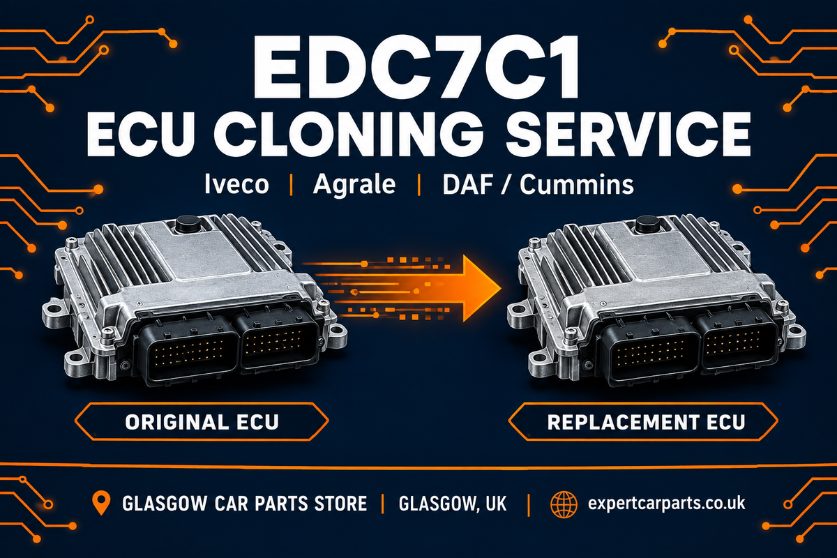 EDC7C1 ECU cloning banner with original and replacement ECU for selected Iveco Agrale DAF Cummins applications