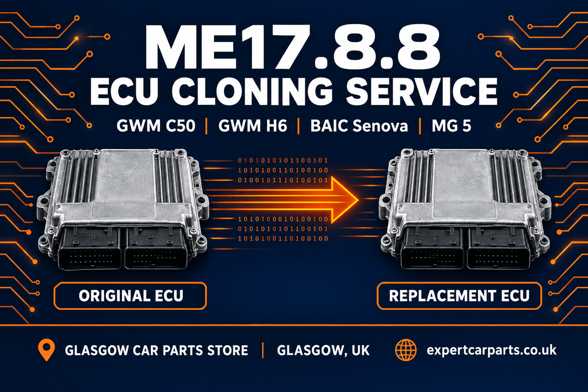 ME17.8.8 ECU cloning banner showing original and replacement ECU, Glasgow Car Parts Store