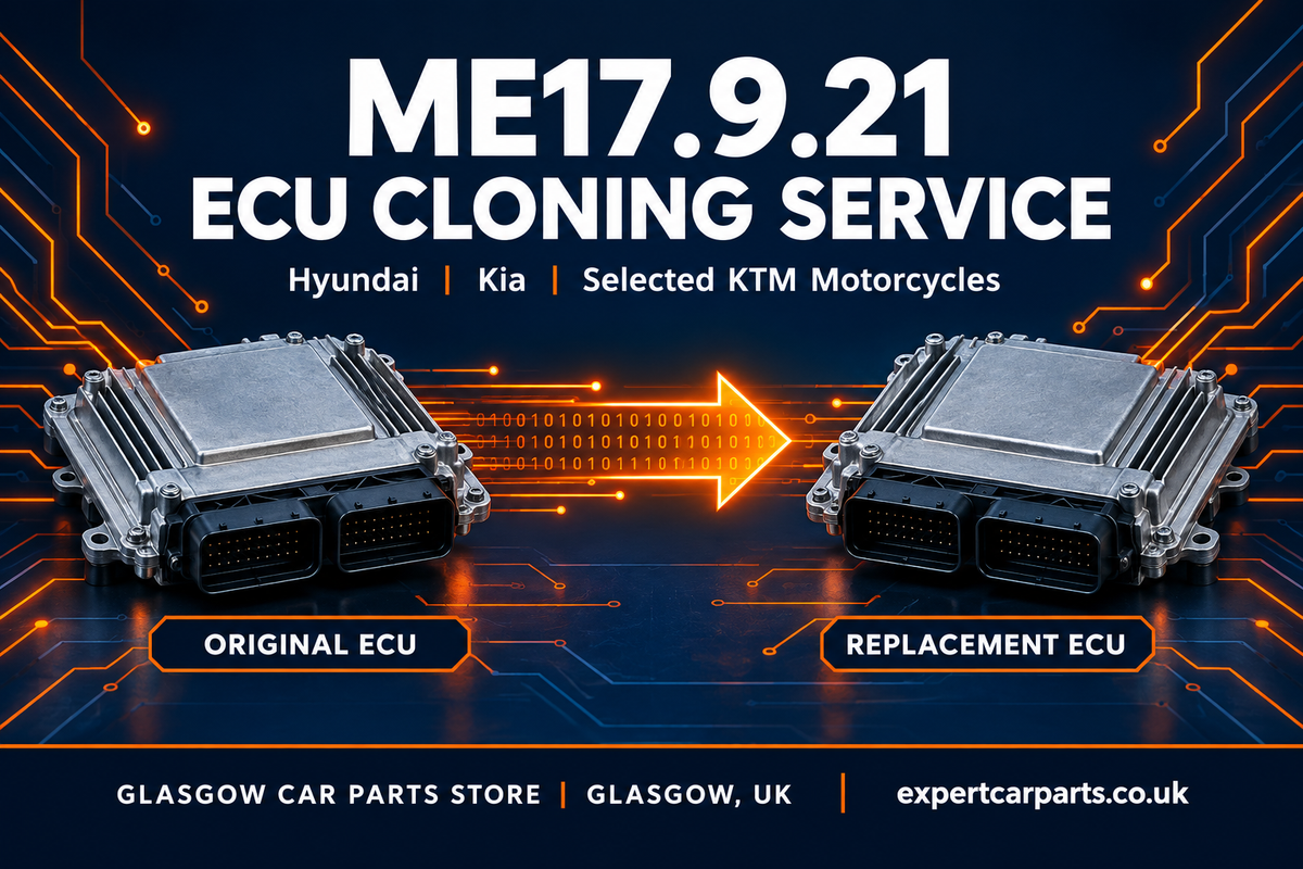 ME17.9.21 ECU cloning service illustration with original and replacement ECU, Glasgow Car Parts Store