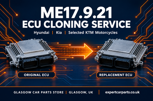 ME17.9.21 ECU cloning service illustration with original and replacement ECU, Glasgow Car Parts Store