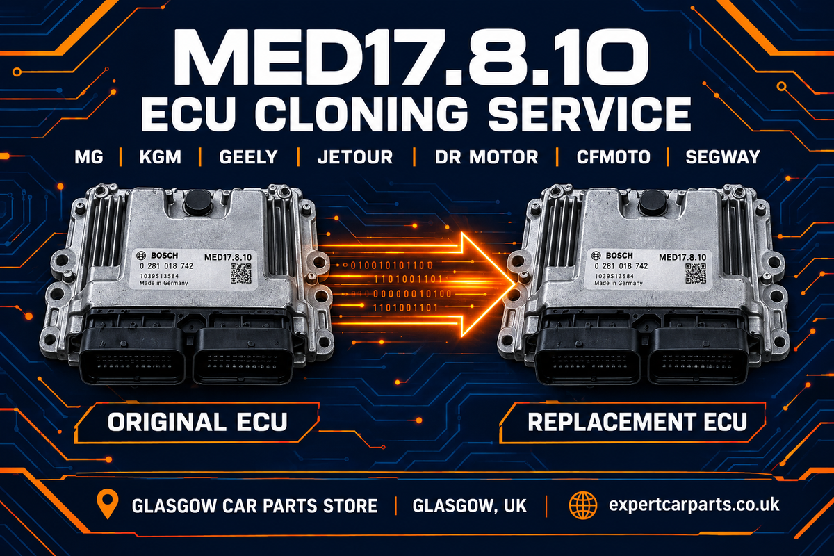 MED17.8.10 ECU cloning service illustration, original and replacement modules, MG KGM Geely Jetour DR Motor CFMOTO Segway enquiries, Glasgow UK