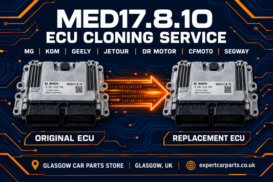MED17.8.10 ECU cloning service illustration, original and replacement modules, MG KGM Geely Jetour DR Motor CFMOTO Segway enquiries, Glasgow UK
