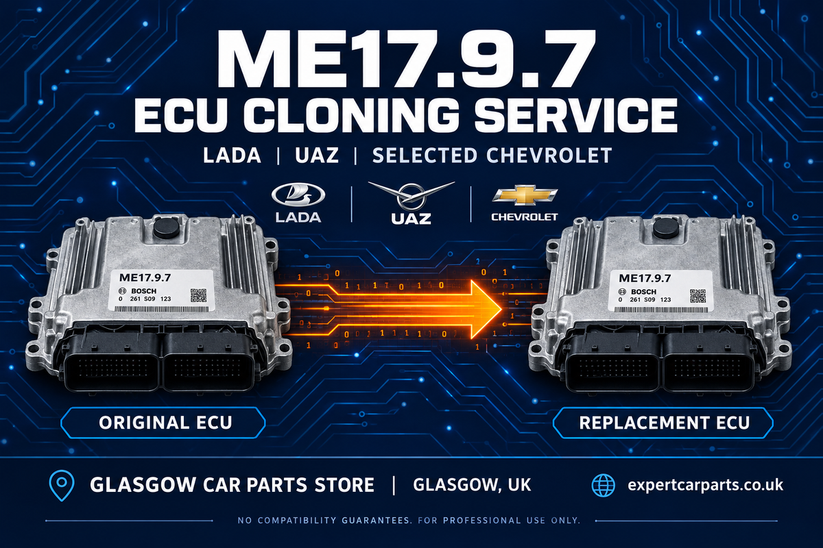 ME17.9.7 ECU cloning service illustration, original and replacement ECU, selected Lada UAZ Chevrolet enquiries, Glasgow UK