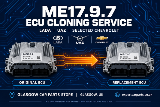 ME17.9.7 ECU cloning service illustration, original and replacement ECU, selected Lada UAZ Chevrolet enquiries, Glasgow UK