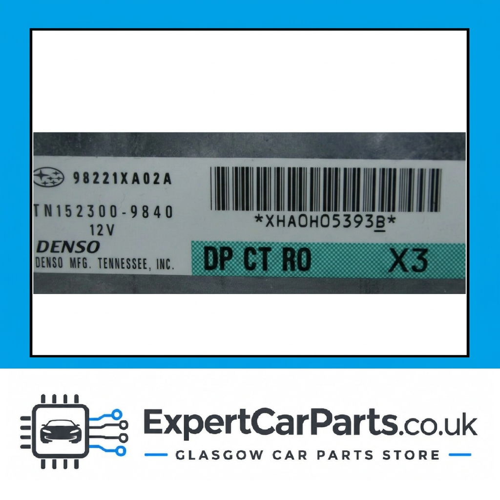 Subaru Denso SRS module label 98221XA02A TN152300-9840 close-up