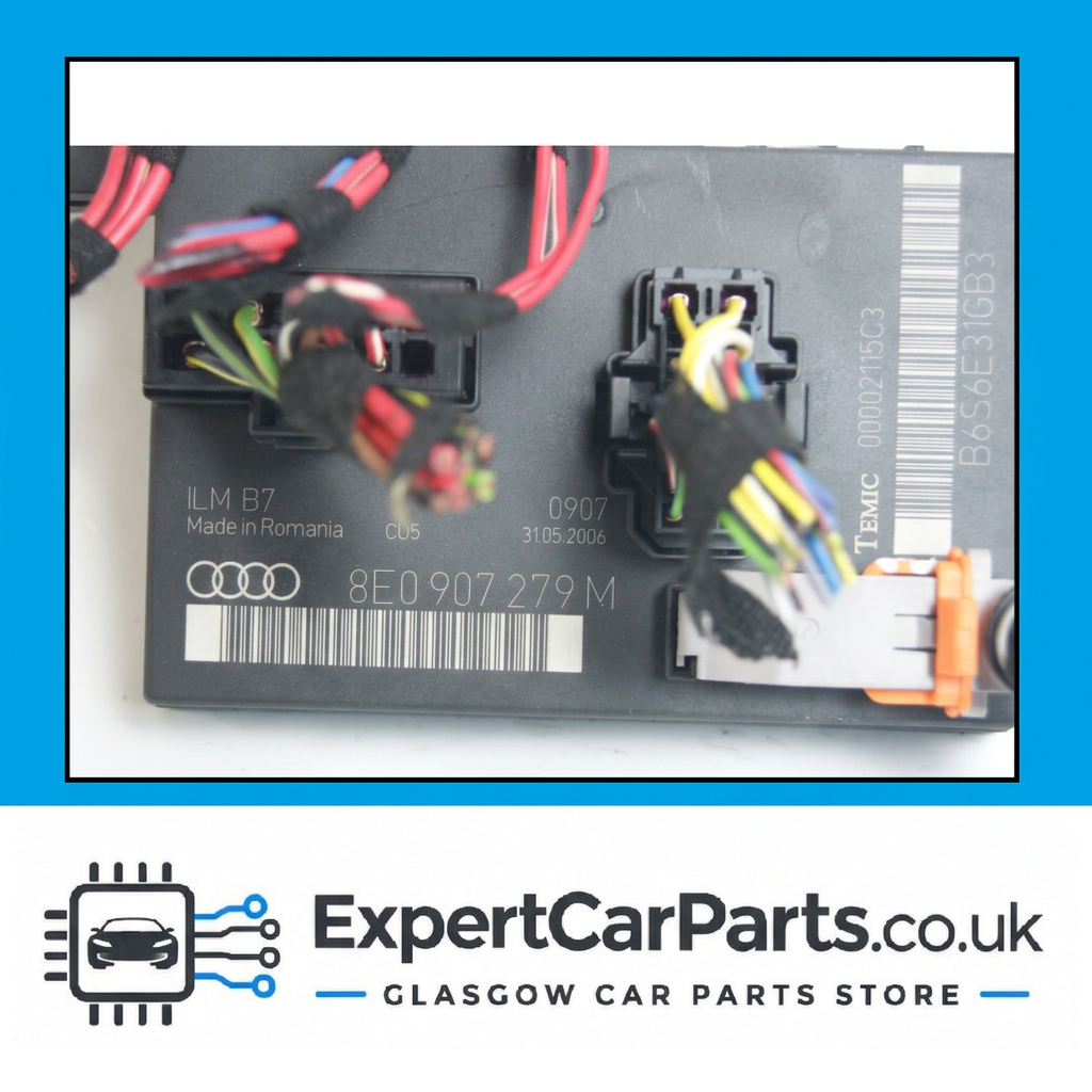 Audi A4 B7 BCM part number 8E0 907 279 M label close-up
