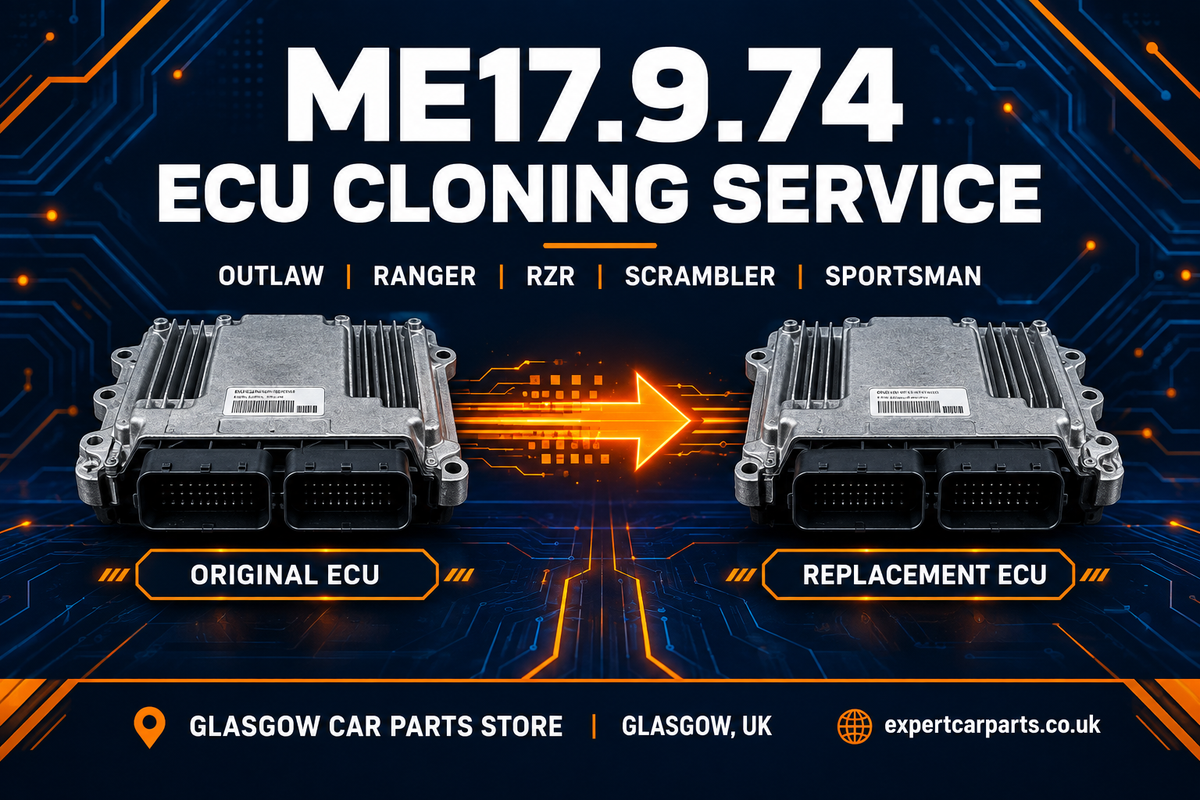 ME17.9.74 ECU cloning service illustration with original and replacement ECU, Outlaw Ranger RZR Scrambler Sportsman enquiries, Glasgow UK