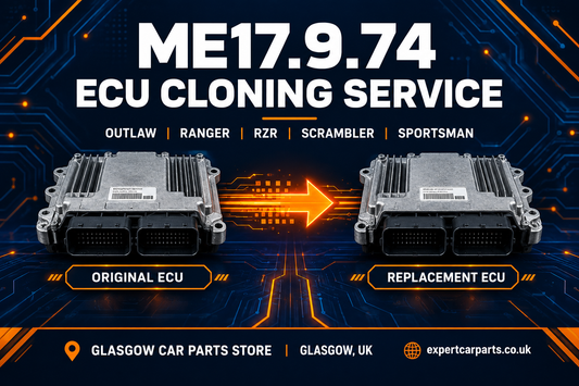 ME17.9.74 ECU cloning service illustration with original and replacement ECU, Outlaw Ranger RZR Scrambler Sportsman enquiries, Glasgow UK