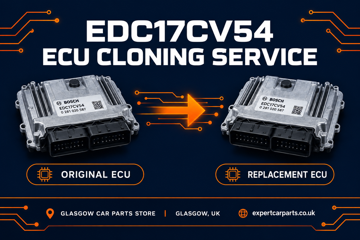 EDC17CV54 ECU cloning service illustration showing original and replacement ECU, Glasgow Car Parts Store