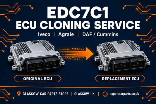 EDC7C1 ECU cloning banner with original and replacement ECU for selected Iveco Agrale DAF Cummins applications